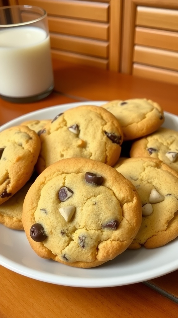 A plate of golden brown cookies with chocolate chips, accompanied by a glass of milk on a kitchen counter.